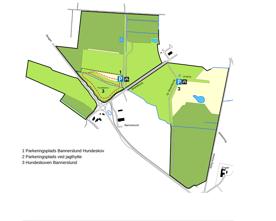 Oversigtskort over Bannerslund Plantage med faciliteter indtegnet