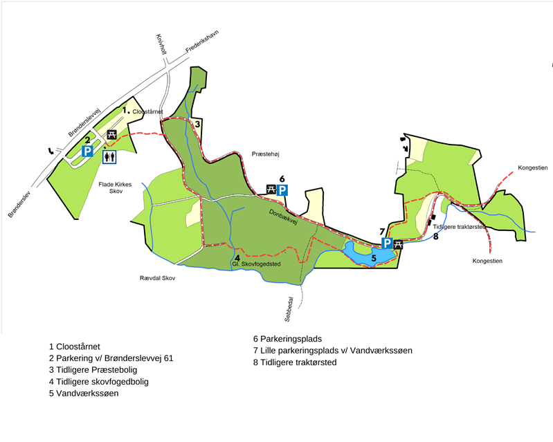 Kort over Vandværksskoven med faciliteter tegnet ind på kortet