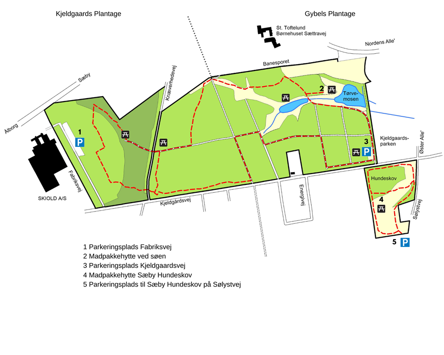Kort over Gybel og Kjeldgaards Plantage med faciliteter indtegnet